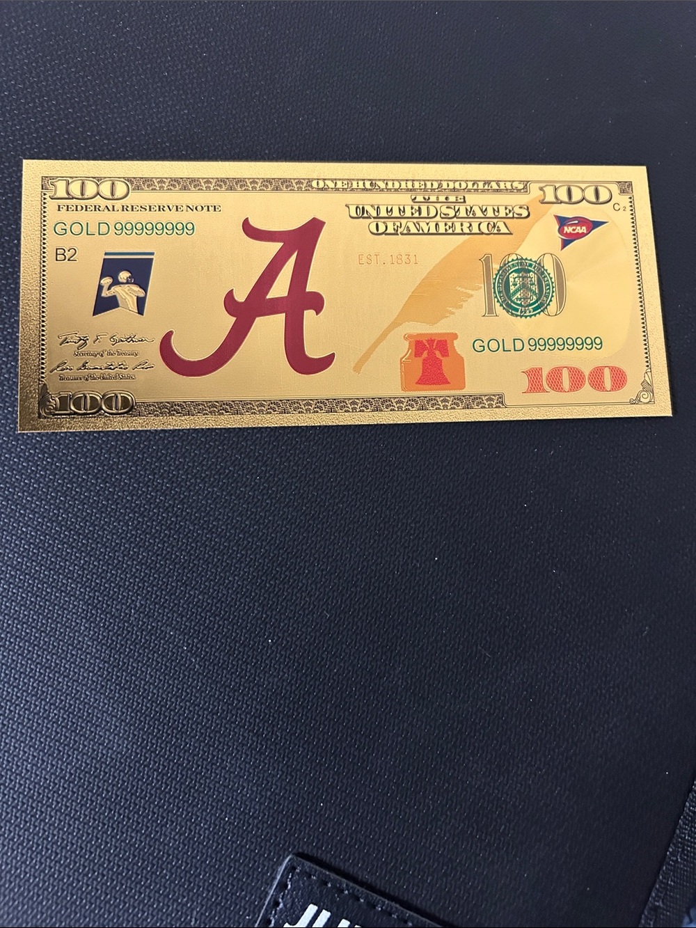 Alabama Crimson Tide Gold Novelty $100 Bill
